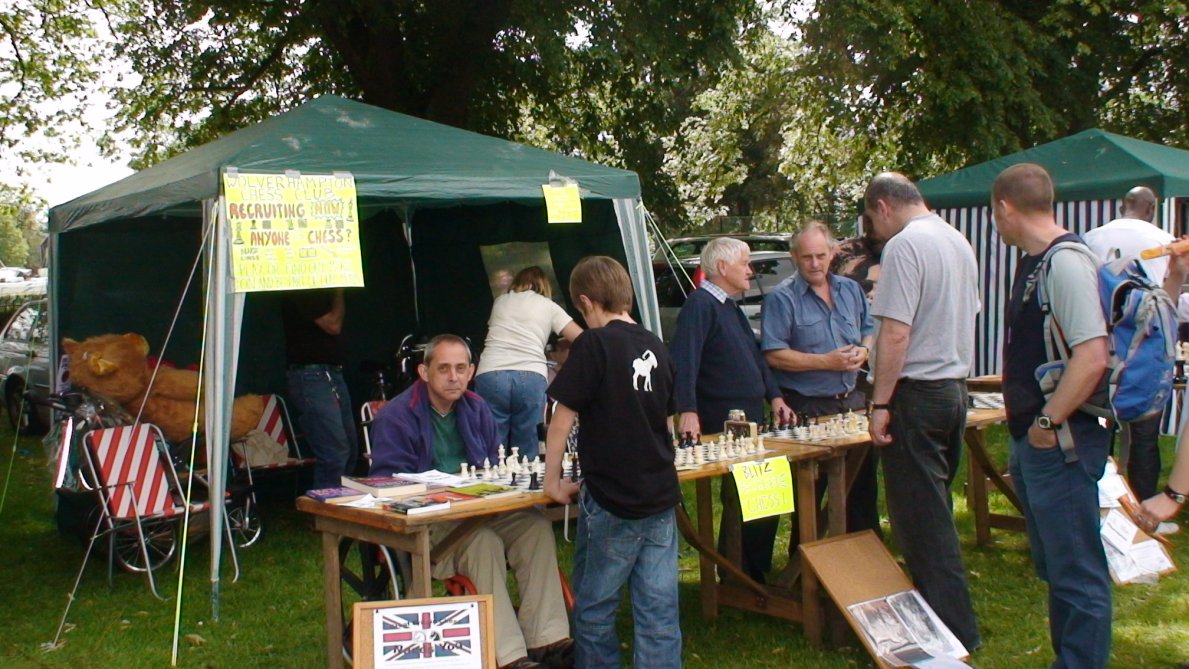 Max Wooton playing show visitors at Giant ChessLeft to right Paul Walters, Barry Lewis and Ray Dolan Staffordshire Chess Association publicity rep